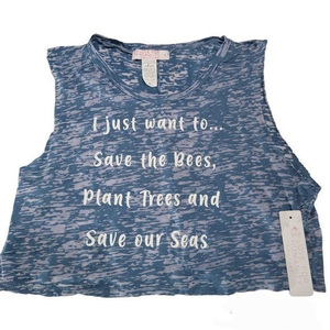 LOVE FOR HUMANITY COUTURE  XL Cropped sleeveless shirt blue save bees trees seas